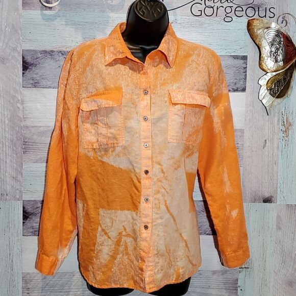 Chaus Sport Orange Tie-Dye Bleached Button Up Linen Blend Blouse Sz Med M - Picture 1 of 8